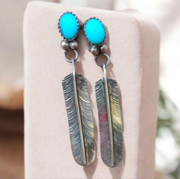 Vintage Jewelry - Vintage sterling Native American Sleeping Beauty turquoise feather earrings
